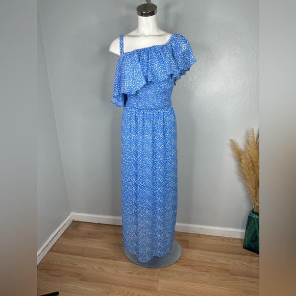 Lane Bryant One Shoulder Ruffle Maxi Dress Polka Dots Blue Plus Size 18/20 NWT - Picture 3 of 13